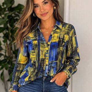 Jones New York Collection Abstract Button Down Blouse Size 4 Blue Yellow